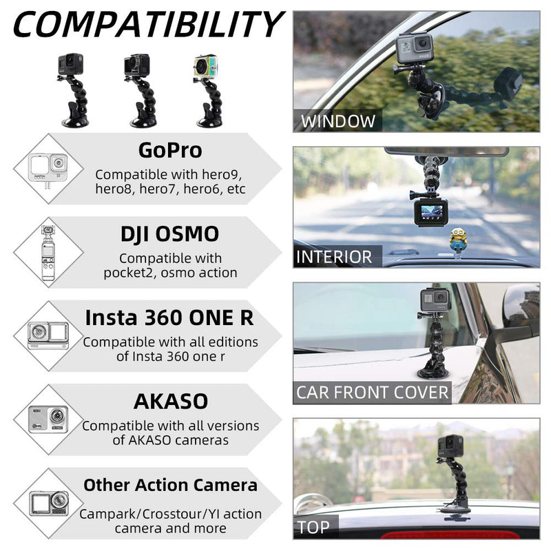 Flexible Gooseneck Suction Cup Car Mount Holder for GoPro Hero 10 9 8 7 6 5 Black,SUREWO Flexible Extension Car Windshield Mount with Phone Holder for iPhone,Samsung Galaxy,Google Pixel and More