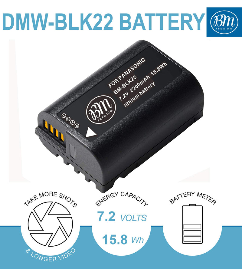 BM Premium 2 Pack of DMW-BLK22 High Capacity Battery and Battery Charger for Panasonic Lumix DC-S5 Digital Cameras