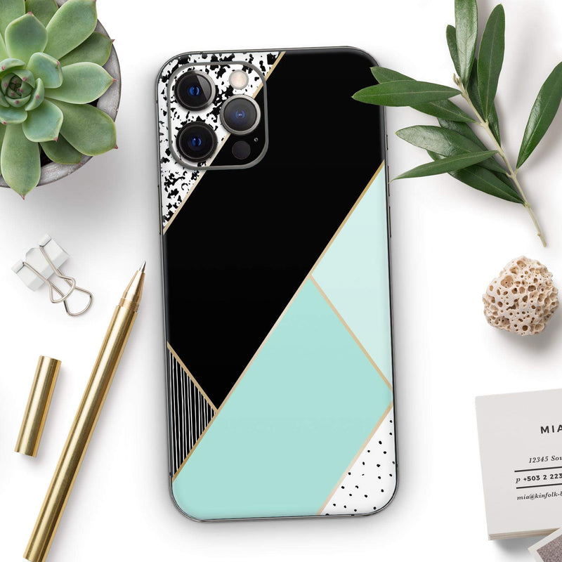 Design SkinZ Minimalistic Mint and Gold Striped V1 - Full Body Skin Decal Wrap Kit Compatible with The Apple iPhone 12 Pro Max (Full-Body, Screen Trim & Back Glass Skin)