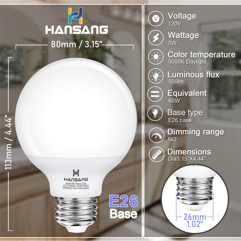 LED G25 Vanity Light Bulbs E26 Base, Daylight 5000K 60W Equivalent Globe Shape, Hansang LED Bathroom Makeup Mirror Light Bulbs 5W 500LM, Ideal for Bathroom Vanity or Mirror Non-dimmable, 4 Pack G25 5000K(daylight)