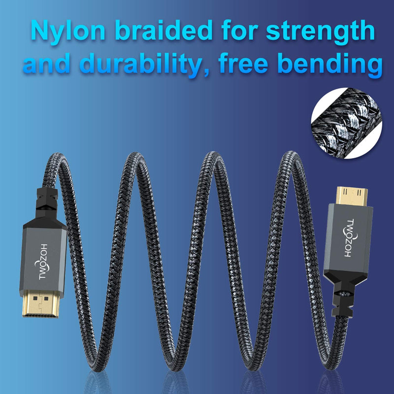 Twozoh Mini HDMI to HDMI Cable 10FT, 4K 60Hz High-Speed HDMI to Mini HDMI 2.0 Braided Cord, Compatible with Nikon/Canon DSLR, Tablet and Graphics/Video Card, Laptop.