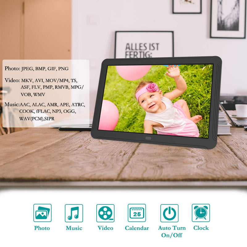 Atatat 8 inch Digital Photo Frame with 32GB SD Card, Digital Picture Frame with 19201080 Resolution, IPS Screen, 1080P Video, Music, Photo, Auto Rotate, Slide Show, Remote Control, Calendar, Time Black 8 inch+SD Card