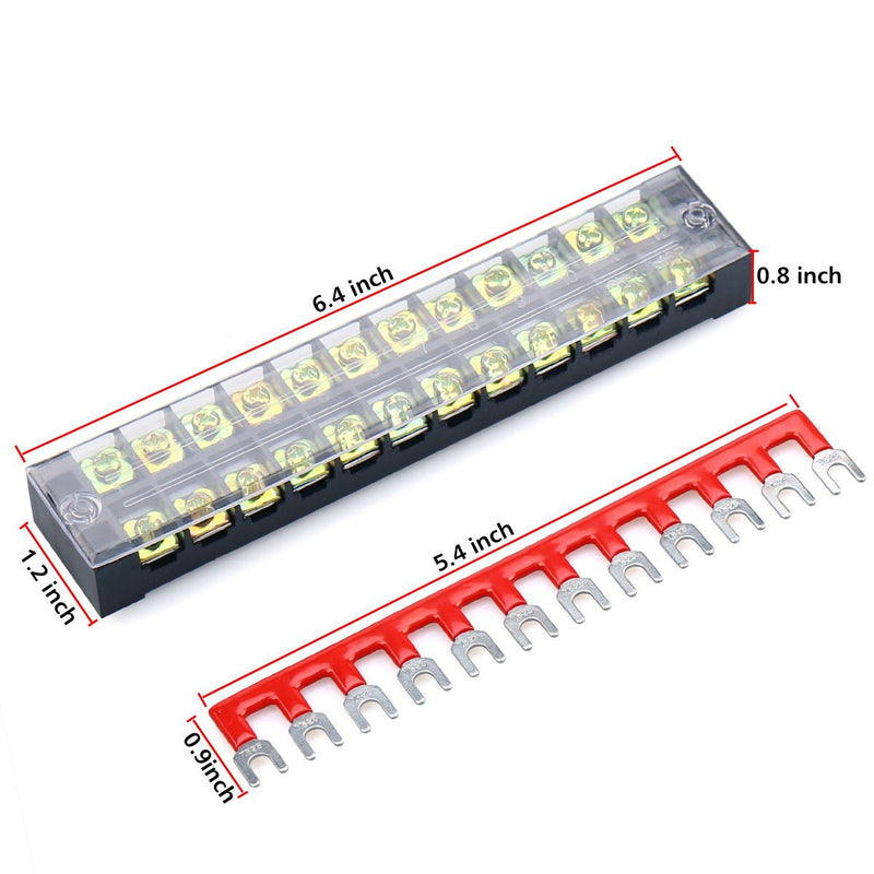 URBEST 5Pcs Terminal Block Barrier Strip 600V 25A Dual Row 12 Position Screw Block and 12 Postion 400V 25A Pre-Insulated Fork Terminal Strip Black/Red 10Pcs