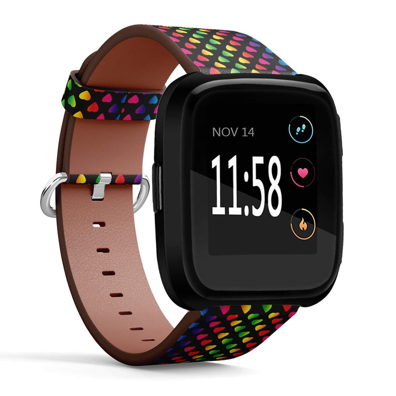 Compatible with Fitbit Versa/Versa 2 / Versa LITE - Leather Watch Wrist Band Strap Bracelet with Quick-Release Pins (Bright Rainbow Colored Hearts On)