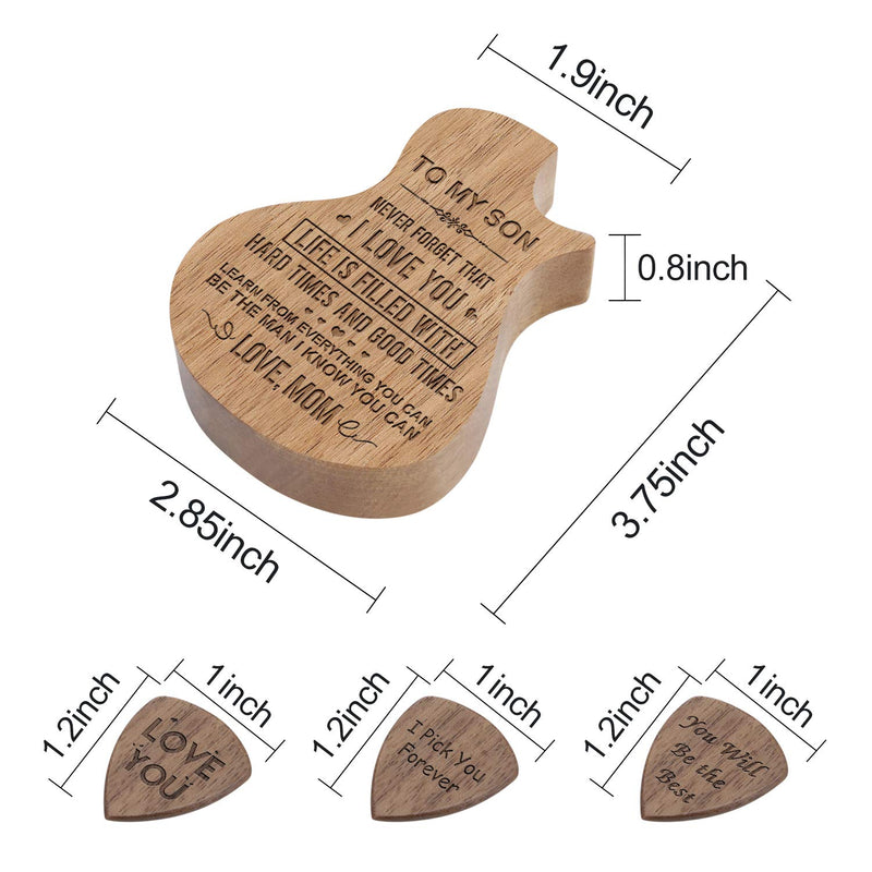 Custom Engraved Wooden Guitar Pick Box Holder Personalised Guitar Shape 3 Compartments Paddles Wood Container with 3pcs Picks Practical Musical Instrument Parts (To My Son From Mom) To My Son From Mom