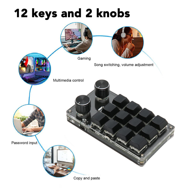 Macro Mechanical Numeric Keypad, 12 Keys Programmable Keypad with 2 Knobs, OSU One Handed Macro Keypad, for Gaming Office Media (Black) Black