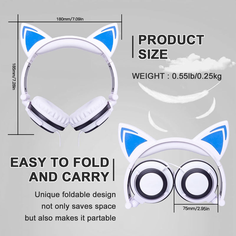 Olyre Kids Headphones Wired with Cat Ear,Safe Volume Foldable Adjustable Flashing LED On Ear Headphones with Mic,Tangle-Free 3.5mm Plug Compatible Smartphones Computer Kindle Tablet for School Travel White