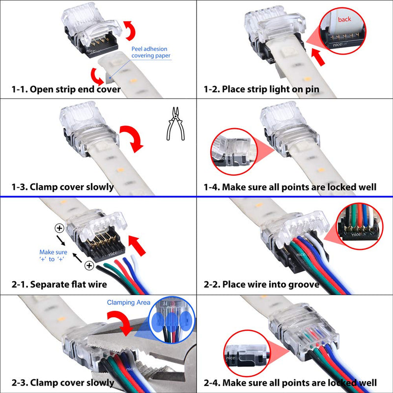 [AUSTRALIA] - 12MM 5 Pin RGBW LED Strip Connectors Kits for PU/Epoxy Glue Covered (Not for Silicon Cover) LED Tape Light,with Hook Up Cable, Fixing Clips, Strip to Wire / Strip Terminals 