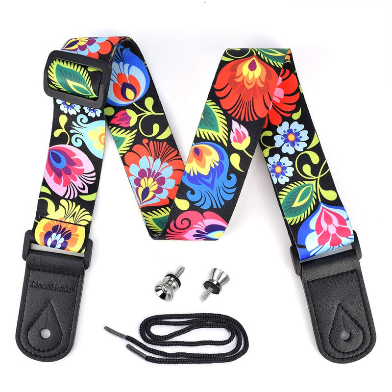 CLOUDMUSIC Peacock Floral Ukulele Strap With Microfiber Leather Heads For Soprano Concert Tenor Baritone String Instruments (black) black