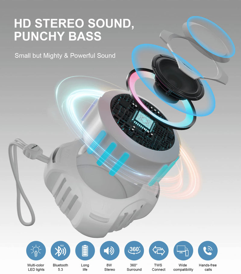 Shower Bluetooth Speaker, Portable IPX7 Waterproof Speaker with Multiple Light, Floating, Wireless Speaker with Punchy Bass and Loud HD Sound 2000mAh for Travel Beach Shower, Gift for Men, Women Space Gray