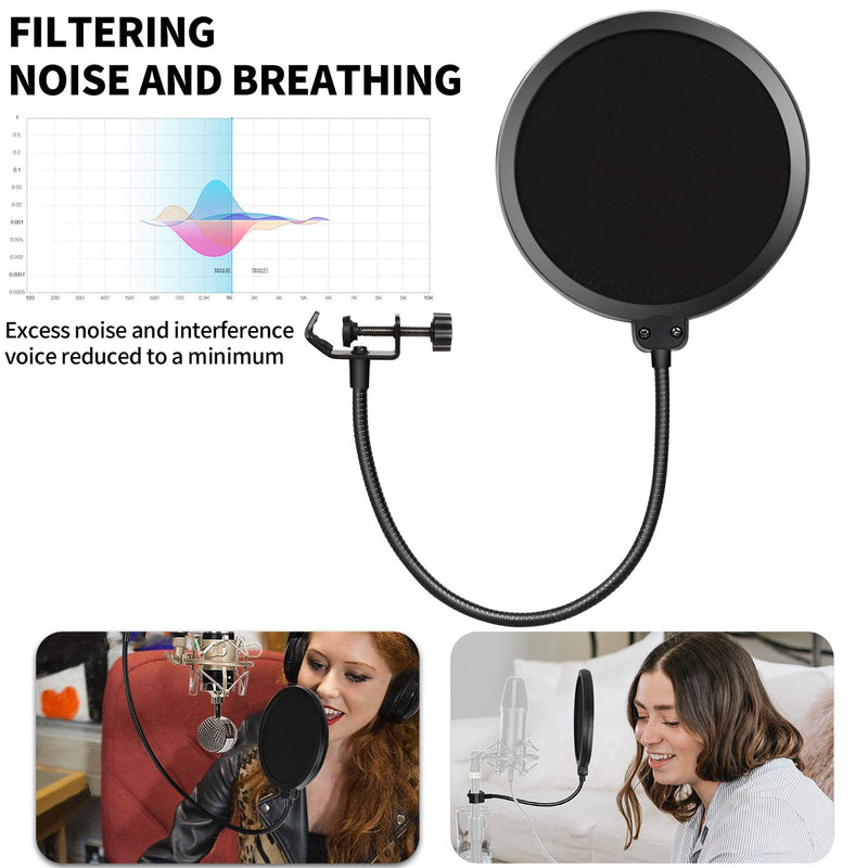 Microphone Pop Filter Studio Windscreen Mic Cover Mask Shield with Enhanced Flexible 360°Gooseneck Clip Stabilizing Arm for Vocal Recording and Live Broadcasting - Bomaite W97, Black