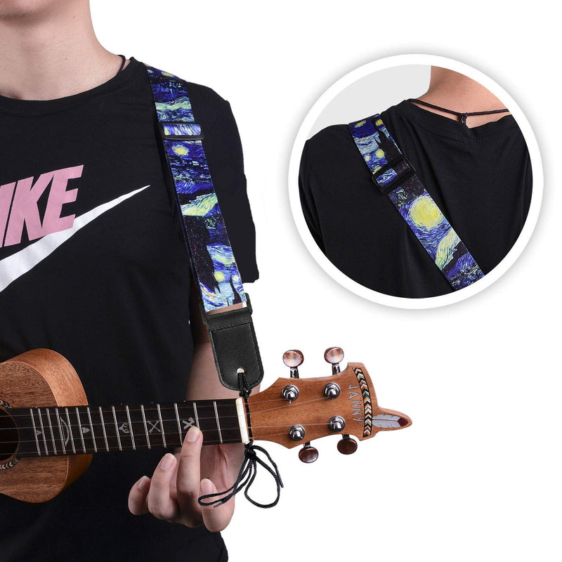 Van Gogh"Starry Night" Ukulele Strap & Leather Ends Shoulder Strap for Soprano Concert Tenor and Baritone Ukulele (Uke-Starry Night)