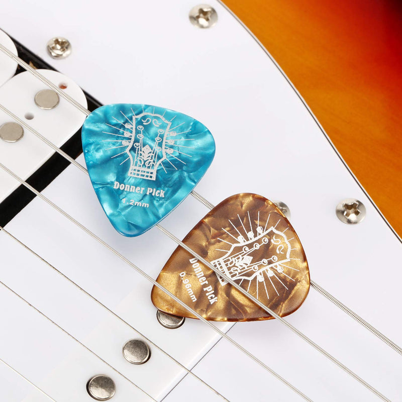 Donner Celluloid Guitar Picks 48 Pieces Includes 4 Thickness, Thin, Medium, Heavy & Extra Heavy Gauges with Tin Box Variety Pack Picks for Bass Electric Acoustic Guitars