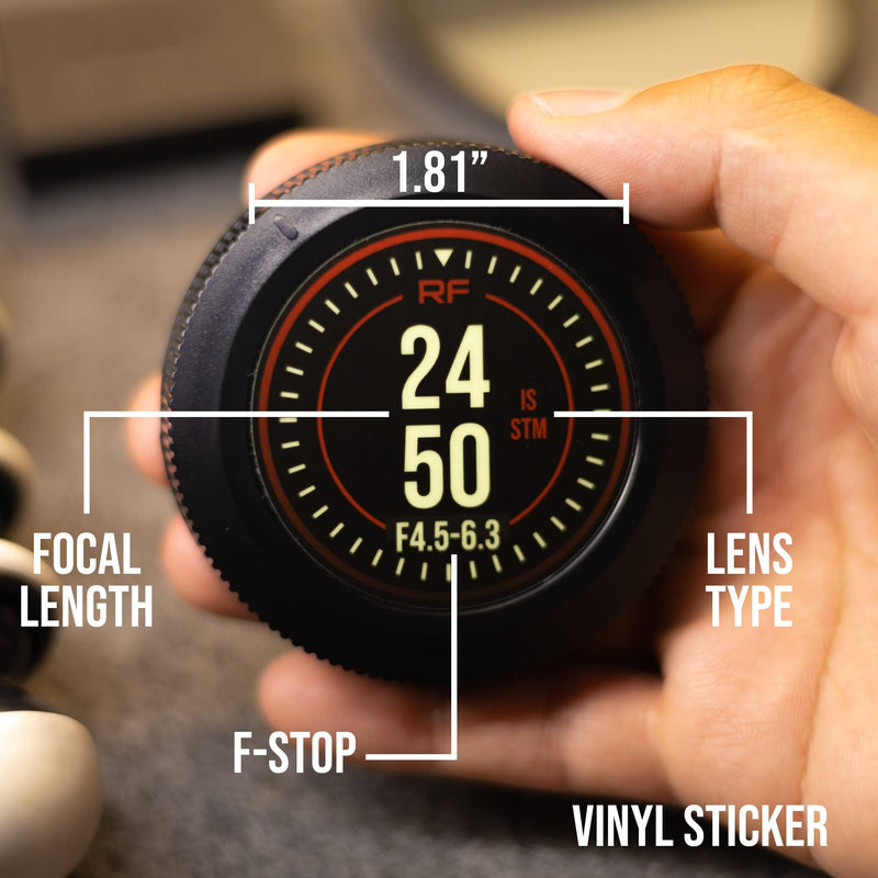 CameraCals: Camera Rear Lens Cap Sticker with Focal Length Indicator for Canon RF & RF-S Lenses - Matte, Glows in The Dark, 1.81" x 1.81" Vinyl Adhesive Stickers, 2023