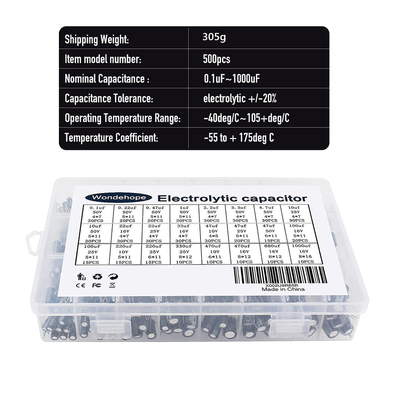 500 Pcs 24 Values Electrolytic Capacitor Assortment kit 10V/16V/25V/50V, 0.1uF-1000uF Aluminum Assorted Electrolytic Capacitors Set