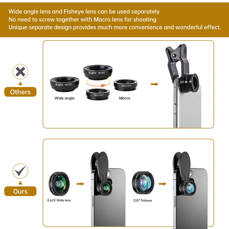 [AUSTRALIA] - Phone Camera Lens 3 in 1 Kit, COSULAN Phone Lens Kit - 235° Fisheye Lens + 25X Macro Lens + 0.62X Wide Angle Lens, Clip on Cell Phone Lens Camera Compatible with iPhone Samsung Android Smartphones 