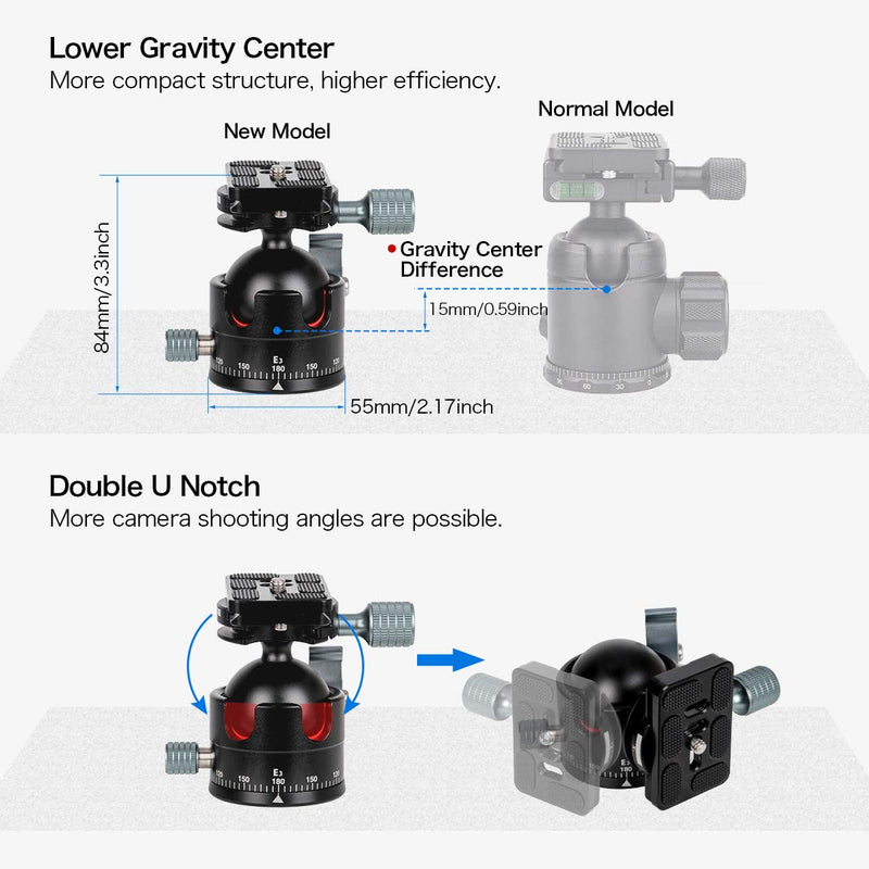 koolehaoda Low-Profile Ballhead with 1/4" Screw Arca-Type QR Plate and Φ45mm Metal Ball Joint Tripod Head 360° Panoramic for DSLR,Tripod. Maximum Load: 15KG/ 33Ibs -(E3)