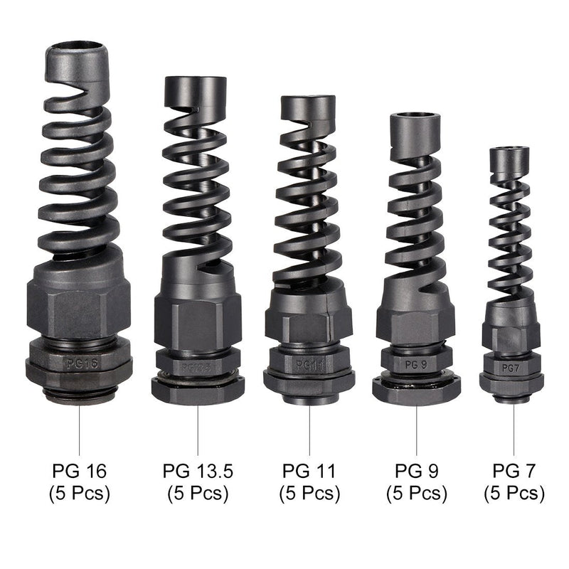 [AUSTRALIA] - uxcell 25Pcs PG7 PG9 PG11 PG13.5 PG16 Cable Gland Black Waterproof Plastic Joint with Strain Relief 