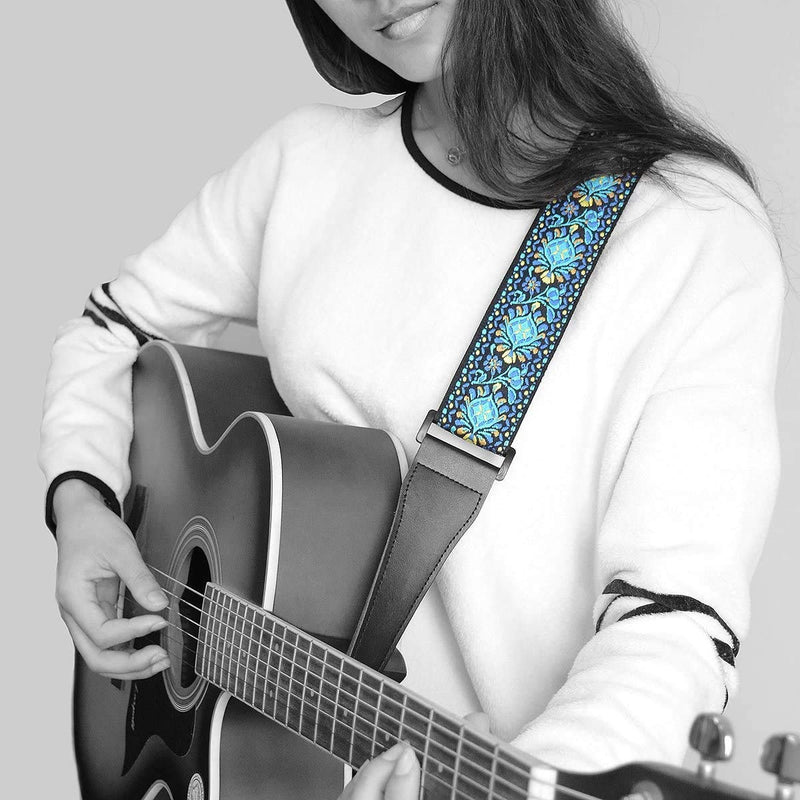 [AUSTRALIA] - Guitar Strap, Vintage Embroidered Cotton Strap with Genuine Leather Ends for Acoustic and Electric Guitar, Bass Guitars Blue/Yellow 