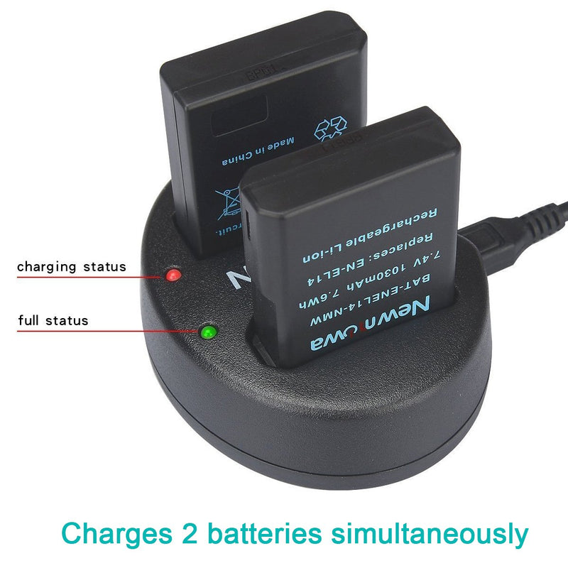 Newmowa EN-EL14 EN-EL14A Replacement Battery (2 Pack) and Dual USB Charger for Nikon EN-EL14, EN-EL14a and Nikon P7000, P7100, P7700, P7800, D3100, D3200, D3300, D3500,D5100, D5200, D5300, Df