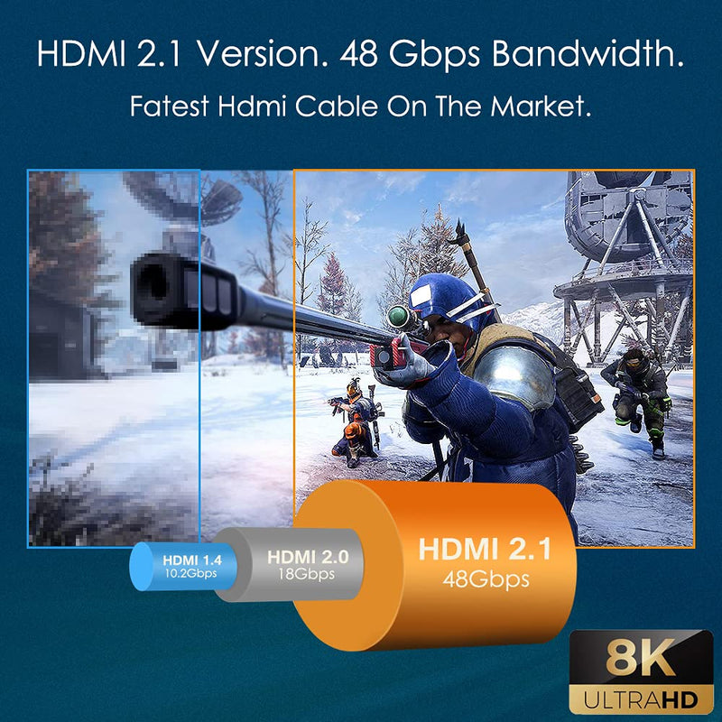 8K HDMI 2.1 Cable 2 Feet, 48Gbps High Speed 4K@120Hz 8K@60Hz Braided HDMI Cord, Support eARC Dynamic HDR10 4:4:4 HDCP 2.2&2.3, Compatible with Dolby Atmos LG Samsung TV PS5 Switch Xbox Roku 2 ft