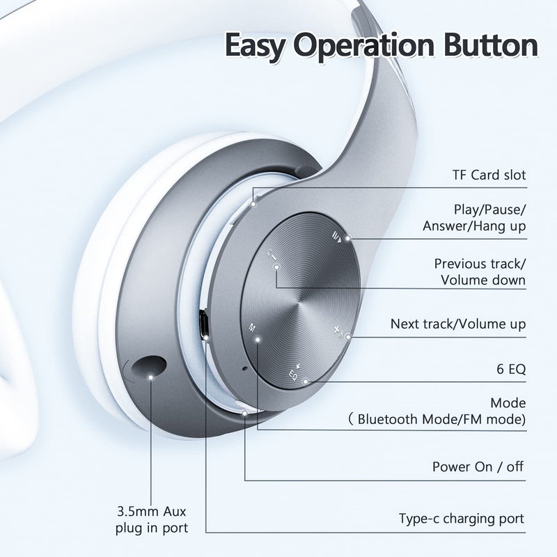 Bluetooth Headphones Over-Ear, 60 Hours Playtime Foldable Lightweight Wireless Headphones Hi-Fi Stereo with 6 EQ Modes, Bass Adjustable Headset with Built-in HD Mic, FM, SD/TF for Cell Phone/PC/Home Silver
