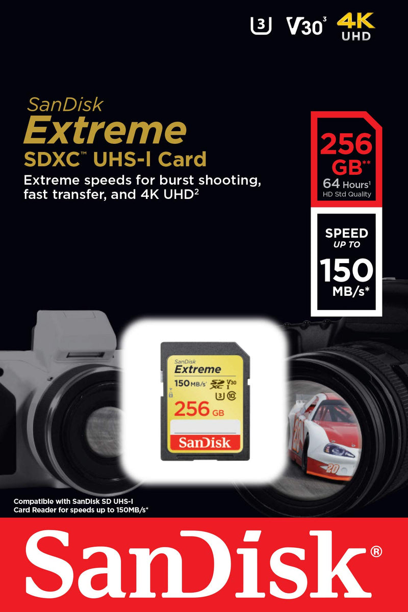 SanDisk 256GB Extreme SDXC UHS-I Card - C10, U3, V30, 4K UHD, SD Card - SDSDXV5-256G-GNCIN