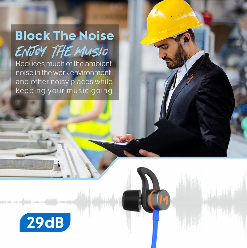 [AUSTRALIA] - Bluetooth noise reduction headphones, Mipeace magnetic custom-fit safety wireless neckband headphones-29db noise isolating work earbuds earphones with mic and control, IPX4 sweatproof 13+Hour Playtime 