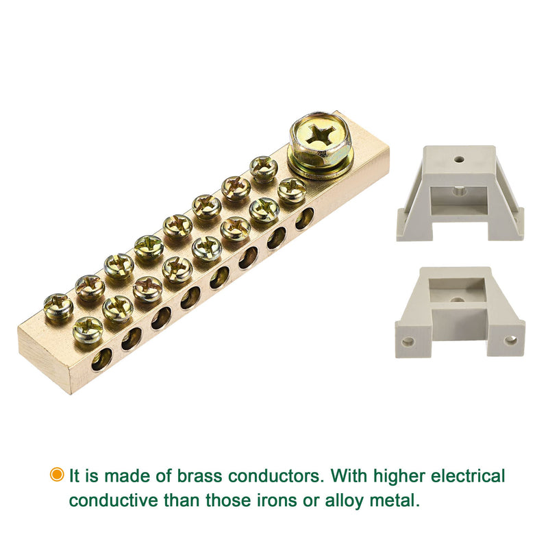 MECCANIXITY Terminal Ground Bar Screw Block Barrier Brass 17 Positions with Bracket for Electrical Distribution 2 Pcs