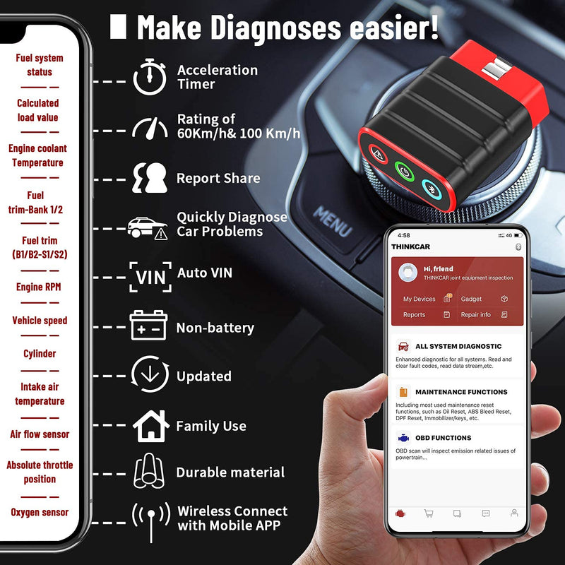 Car Diagnostic Scanner, Thinkdiag Mini Bluetooth Code Reader with Full System Diagnostic and Reset Function for Five Type Car Models for One Year, Car Reader Diagnostics for IOS & Android -New Version
