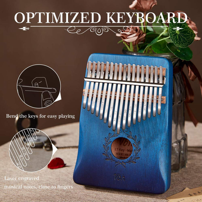 Thumb Piano Kalimba 17 Keys Mahogany Wood Portable Finger Piano Gifts for Kids and Piano Beginners Professional Tune Hammer and Study Instruction Blue olive branch