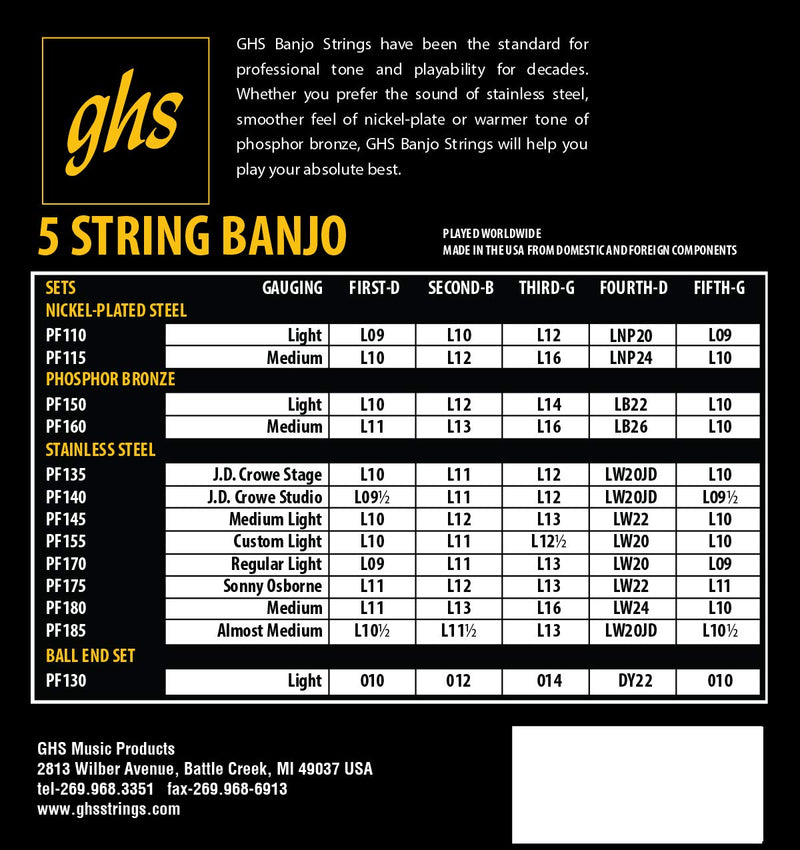 GHS Strings PF140 J.D. Crowe Signature Series (Studio), 5-String Stainless Steel Banjo Strings (.009 1/2-.020) J.D. Crowe (Studio)