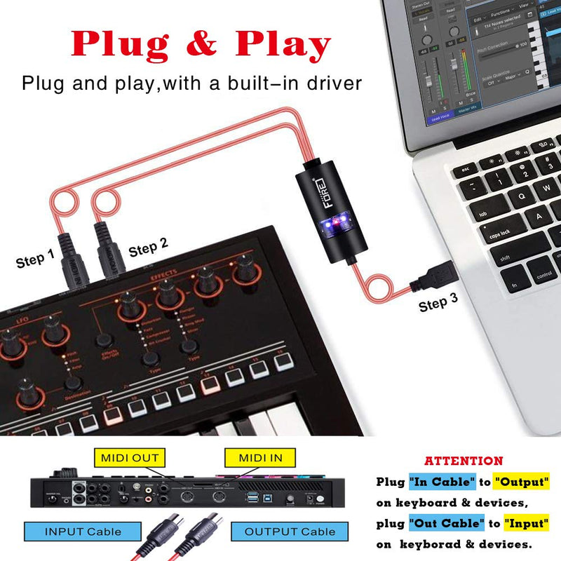 [AUSTRALIA] - FORE MIDI to USB Interface MIDI Cable Adapter with Input&Output Connecting with Keyboard/Synthesizer for Editing&Recording Track work with Windows/Mac OS for Studio USB 2.0 Color Red - 6.5Ft 