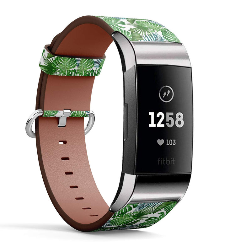 Compatible with Fitbit Charge 3 & 3 SE - Leather Wristband Bracelet Replacement Accessory Band (Includes Adapters) - Tropical Leaves Palm Monstera