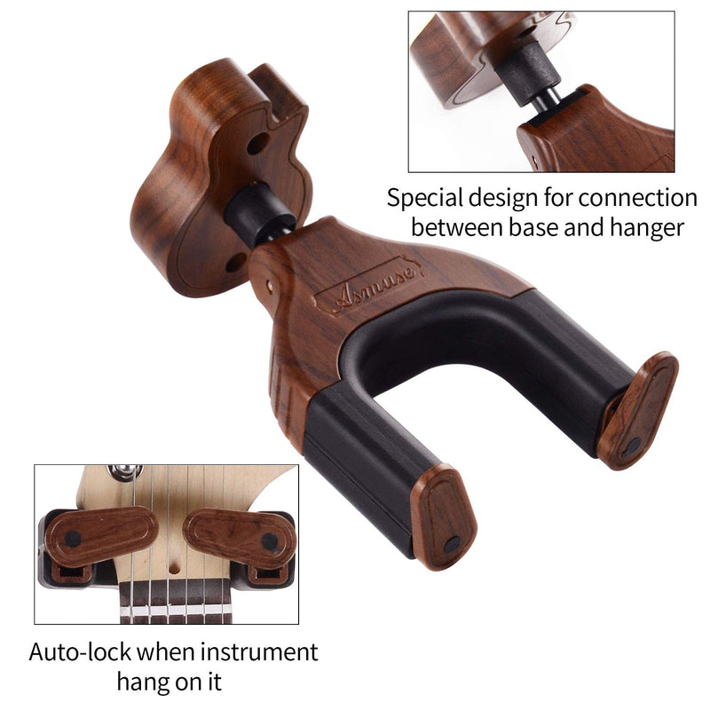 Asmuse Guitar Wall Mount Hanger Single Auto Lock Hanger Hook for Wall Electric Bass Guitar Acoustic Folk Classical Guitar Ukulele Natural Black Walnut Base 1 Pack