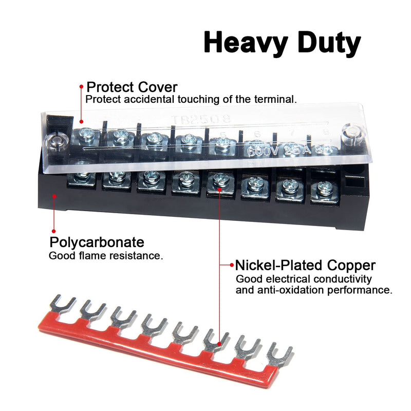 MILAPEAK Terminal Block and Strip - 6 Sets 8/10/12 Positions 600V 25A Dual Row Wire Screw Terminal Strip Block with Cover + 400V 25A Pre-Insulated Terminals Barrier Strips Jumpers (Black & Red) 25A 8/10/12P+Jumpers