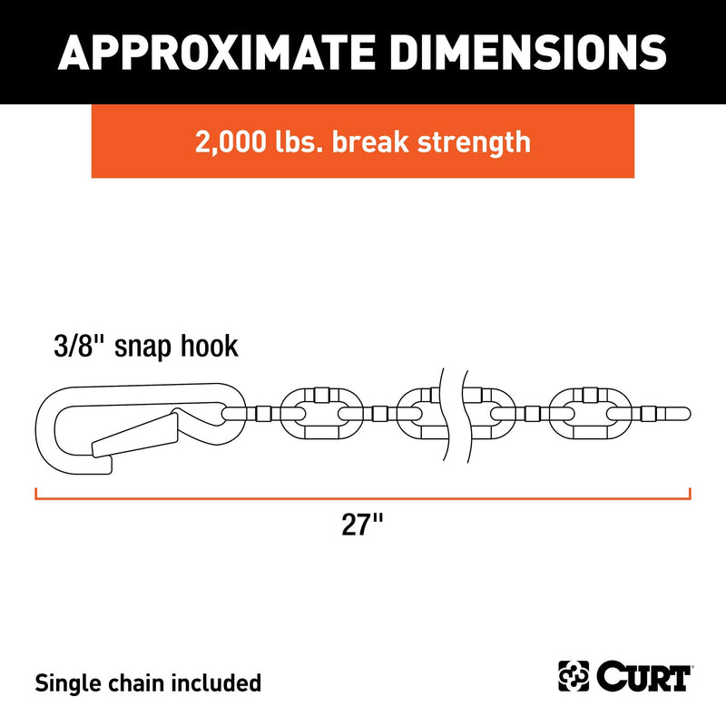 CURT 80312 27-Inch Trailer Safety Chain with 3/8-In Snap Hook, 2,000 lbs Break Strength