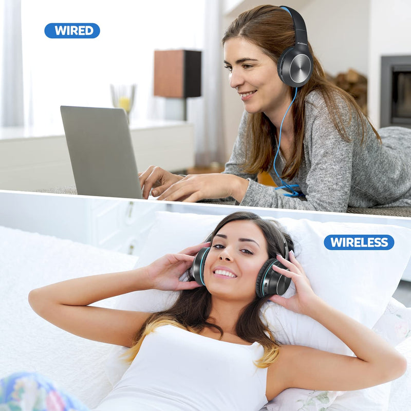 Rydohi Bluetooth Headphones Over Ear, 68H Playtime and 3 EQ Music Modes Wireless Headphones with Microphone/Deep Bass, HiFi Stereo Foldable Lightweight Headset for PC Home Travel Office(Black Blue) Black Blue