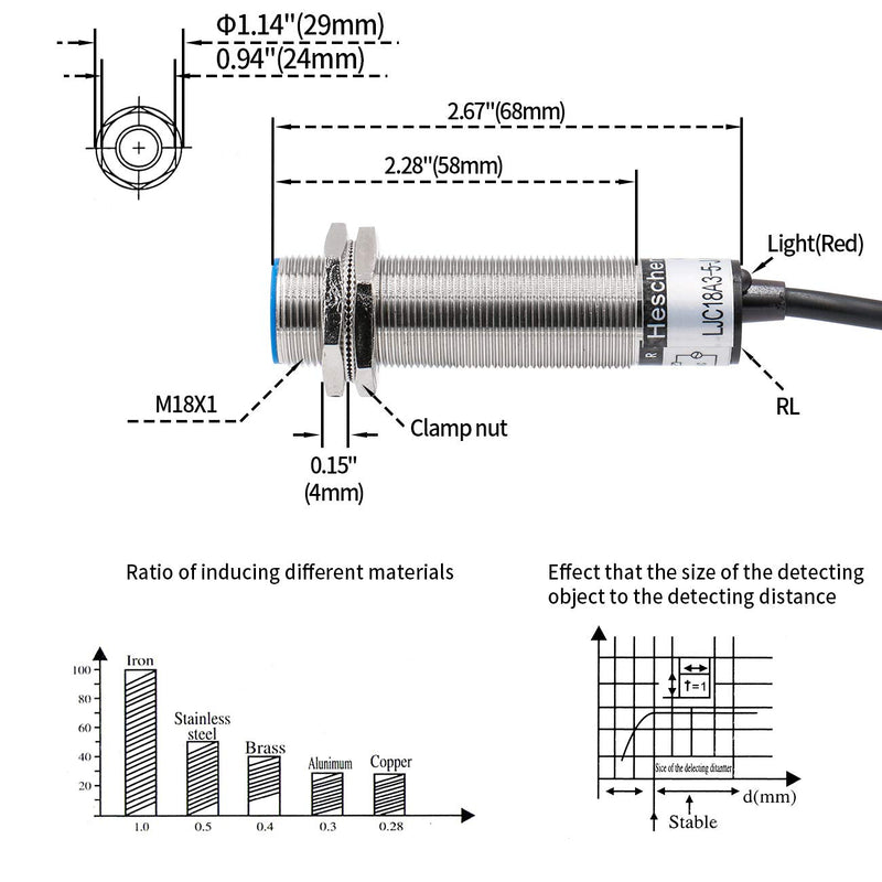 Heschen M18 Capacitive Proximity Sensor Switch Shield Type LJC18A3-5-J/DZ Detection 1-5mm 90-250VAC 400mA Normally Closed(NC) 2 Wires