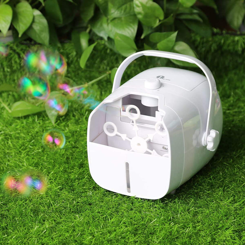 1 BY ONE Bubble Machine, Automatic Bubble Blower for Wedding and Party, Powered by Plug-in or Batteries, Outdoor and Indoor Use, 2 Bubbles Blowing Speed Levels, White