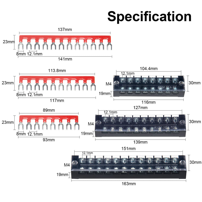 MILAPEAK Terminal Block and Strip - 6 Sets 8/10/12 Positions 600V 25A Dual Row Wire Screw Terminal Strip Block with Cover + 400V 25A Pre-Insulated Terminals Barrier Strips Jumpers (Black & Red) 25A 8/10/12P+Jumpers