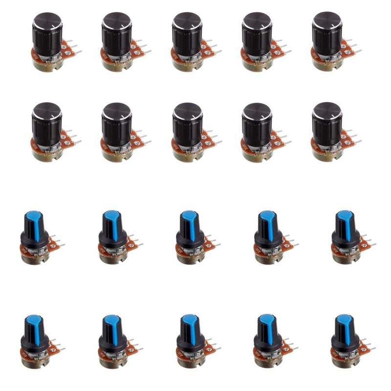 BOJACK 20 Sets B10K Knurled Shaft 3 Terminals Linear Taper Rotary Potentiometer(WH148)10K Ohm Single Turn Carbon Film Variable Resistor with Black Aluminum & Blue Plastic Knobs Kit