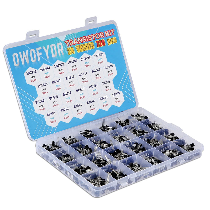 OWOFYDR 24 Values 720 pcs 2N2222 2N2907 2N3903-2N3906 2N5401 2N5551 BC327 BC337 BC517 BC547-BC550 BC556-BC558 S8050 S8550 S9012-S9015 S9018 Power Supply General Transistor NPN PNP Assortment kit 720 piece