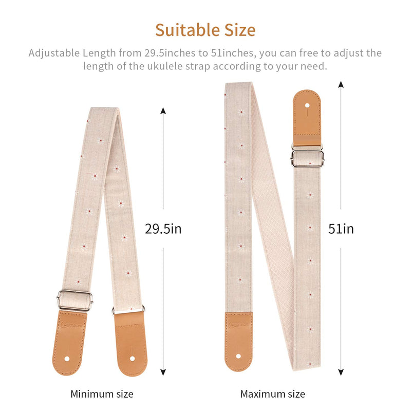 Dulphee Ukulele Strap with 1 Pick & 1 Button, Cotton Linen Adjustable Daisy Uke Shoulder Strap for Soprano Concert Tenor Baritone Ukulele, Banjo and Mandolin (Daisy)