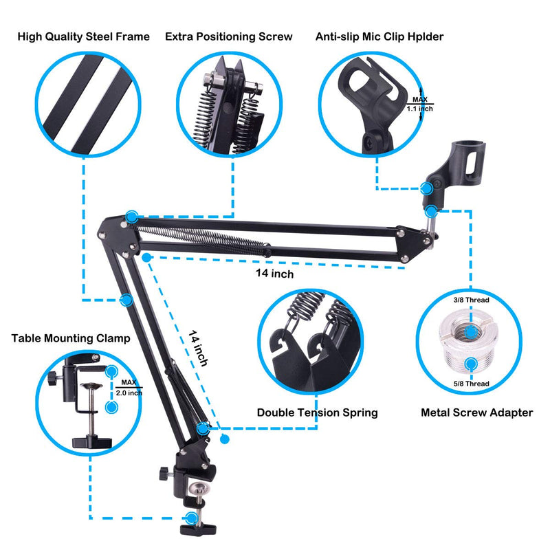 [AUSTRALIA] - uunumi Microphone Arm Stand, Adjustable Mic Suspension Boom Scissor Arm Stand Heavy Duty Microphone Stand with 3/8" to 5/8" Screw Adapter Clip for Blue Yeti,Nano,Snowball,Snowball iCE and other Mic Black 