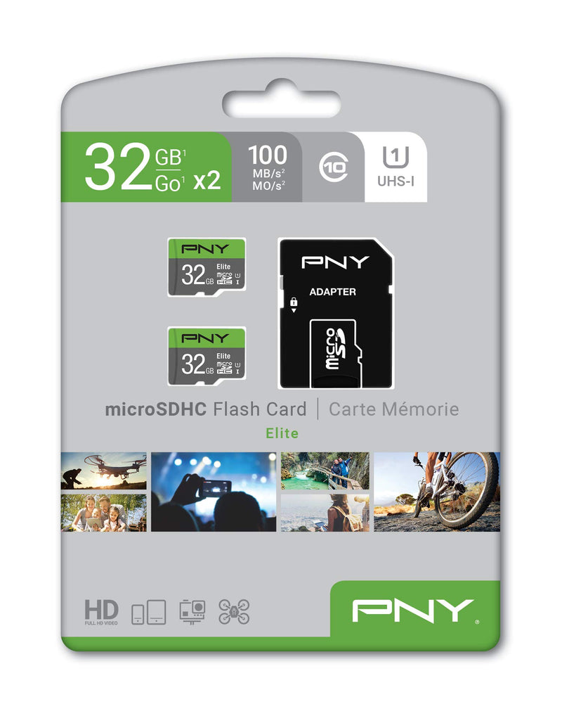 PNY 32GB Elite Class 10 U1 microSDHC Flash Memory Card 2-Pack - 100MB/s Read, Class 10, U1, Full HD, UHS-I, Micro SD