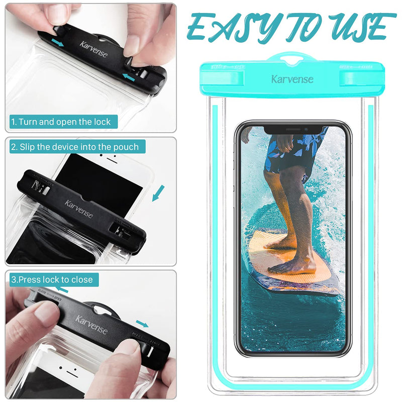 Waterproof Cell Phone Pouch Case, Karvense 2 Pack Universal Luminous Waterproof Phone Bag/Holder for iPhone, Samsung Galaxy, LG, Moto, Dry Bag for Beach, Shower, Pool, Kayaking, Snorkeling, Vacation Cyan, Pink