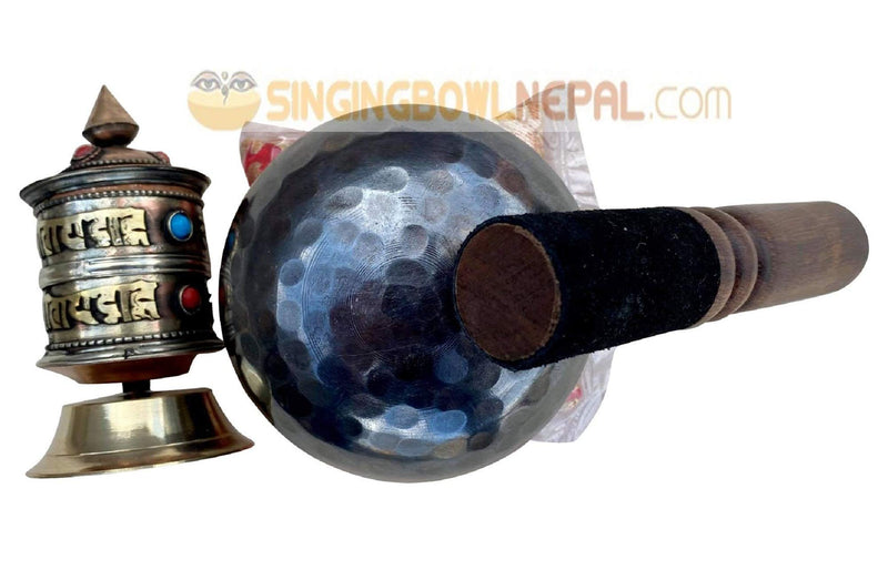 Hand Beaten C Root Chakra Tibetan Meditation Yoga Singing Bowl 3 Inch Set Includes Free Table Top Prayer Wheel