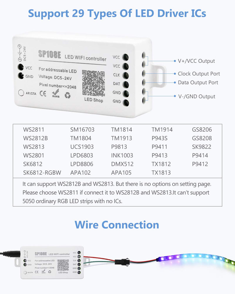 [AUSTRALIA] - ALITOVE WS2812B WS2811 WS2801 LED WiFi Controller, iOS Android App Wireless Remote Control DC 5V~24V SP108E for SK6812 SK6812-RGBW WS2812 WS2813 WS2815 AL2815 Digital Addressable RGB LED Pixels Strip SP108E WiFi Controller 