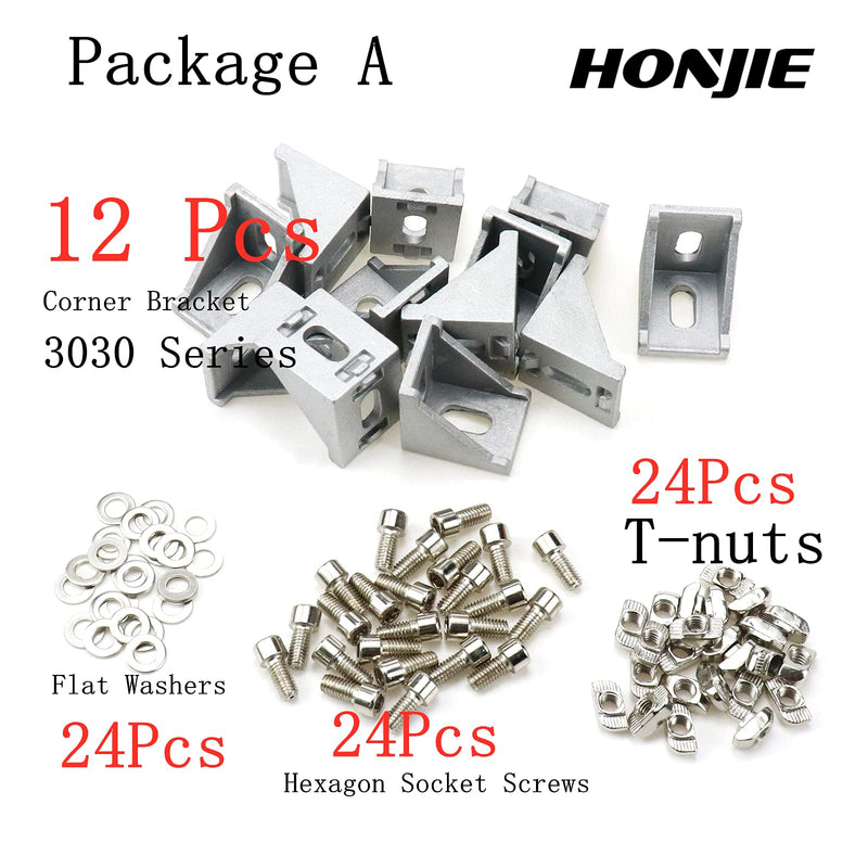 HONJIE 3030 Series Aluminum Profile Connector Set,12 Pcs Corner Bracket, 24Pcs T-nuts,24Pcs Hexagon Socket Screws, 24Pcs Flat Washers(Package A) 3030 Series Package A
